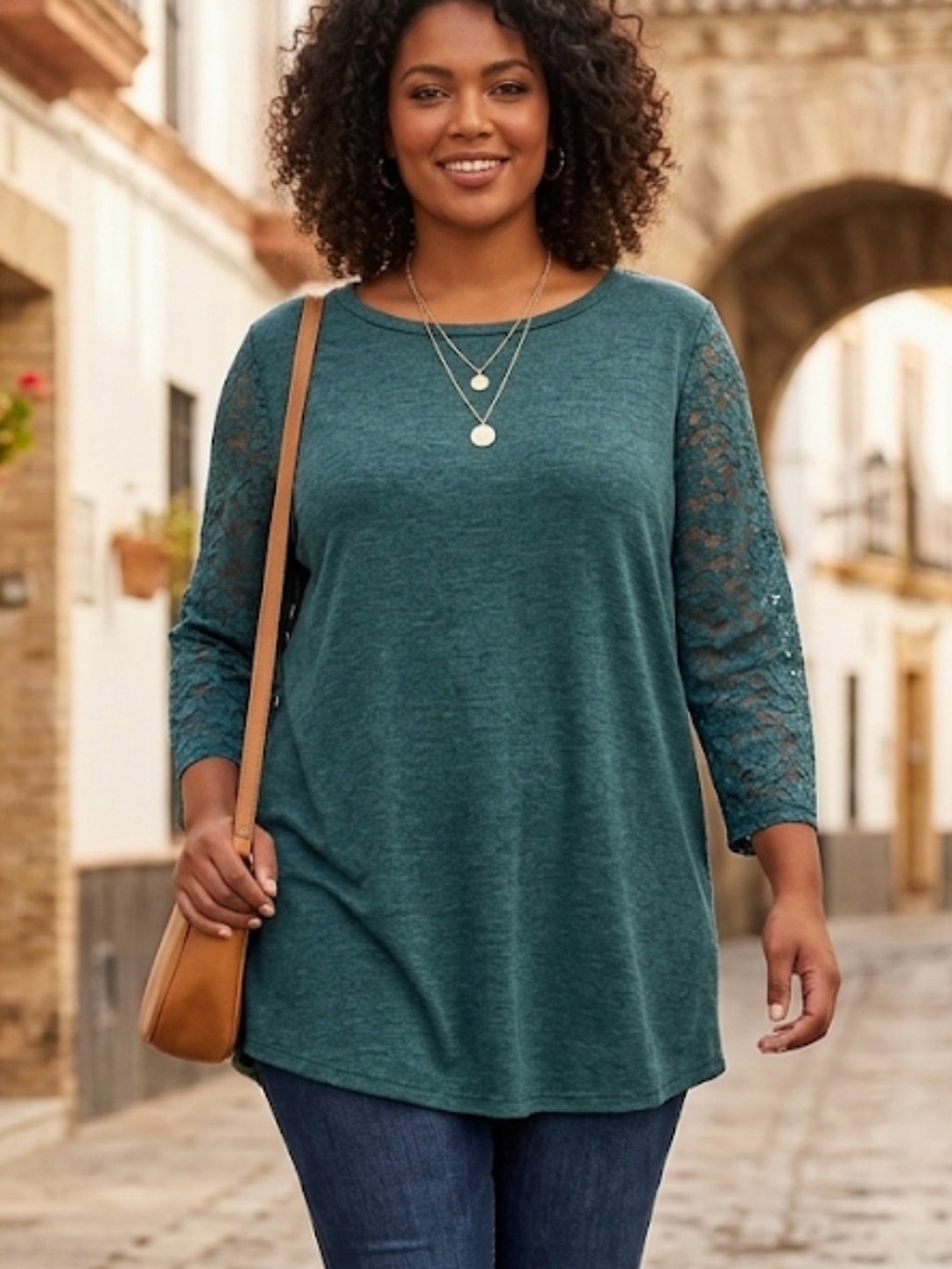 Lace-Sleeve Tunic Top in Teal